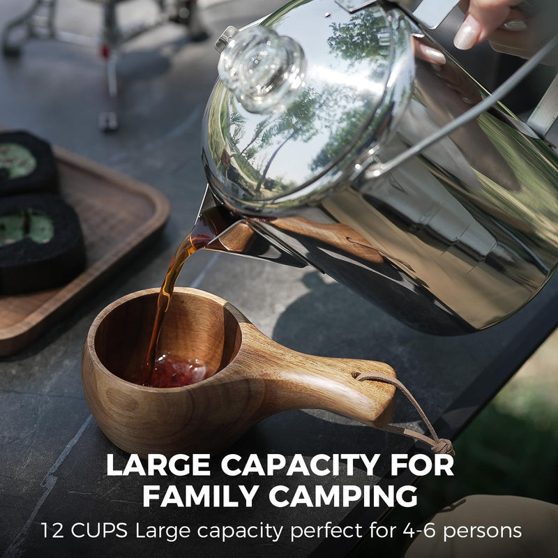 Laden Sie das Bild in Galerie -Viewer, KingCamp Camping Coffee Pot, 12 Cup Stainless Steel Percolator - 304 Food-Grade, Wood Handle for Campfire, RV & Outdoor Brewing, No Aluminum