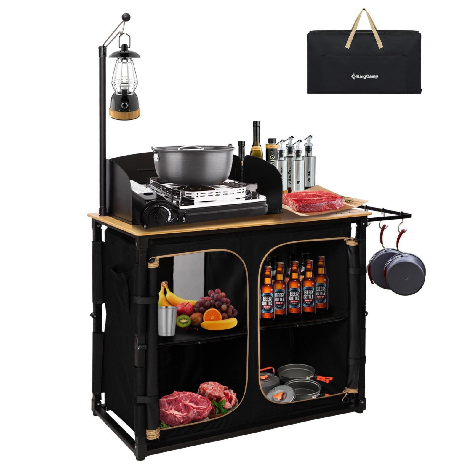 KingCamp Portable Camp Kitchen Table – Bamboo Top Grill Station with W – BRoadout