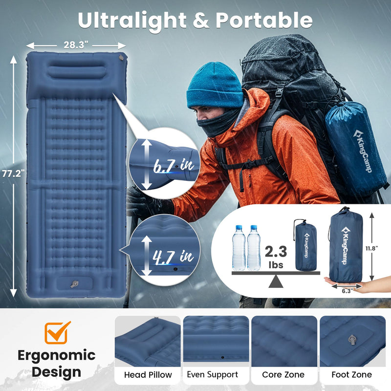 Load image into Gallery viewer, KingCamp DELUXE 12 Inflatable Sleeping Pad Navy– Built‑In Foot Pump & Pillow, Lightweight Camping Mat