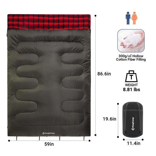 KingCamp Double Flannel Sleeping Bag with two Pillows 2 in 1 Use Green