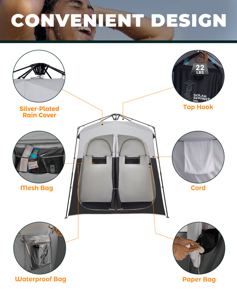 Load image into Gallery viewer, KingCamp Double Privacy Shelter | 2-Room Pop-Up Shower Tent with UPF50+ Sun Protection, XL 7x7ft Interior for Camping Shower, Toilet & Changing Room Black