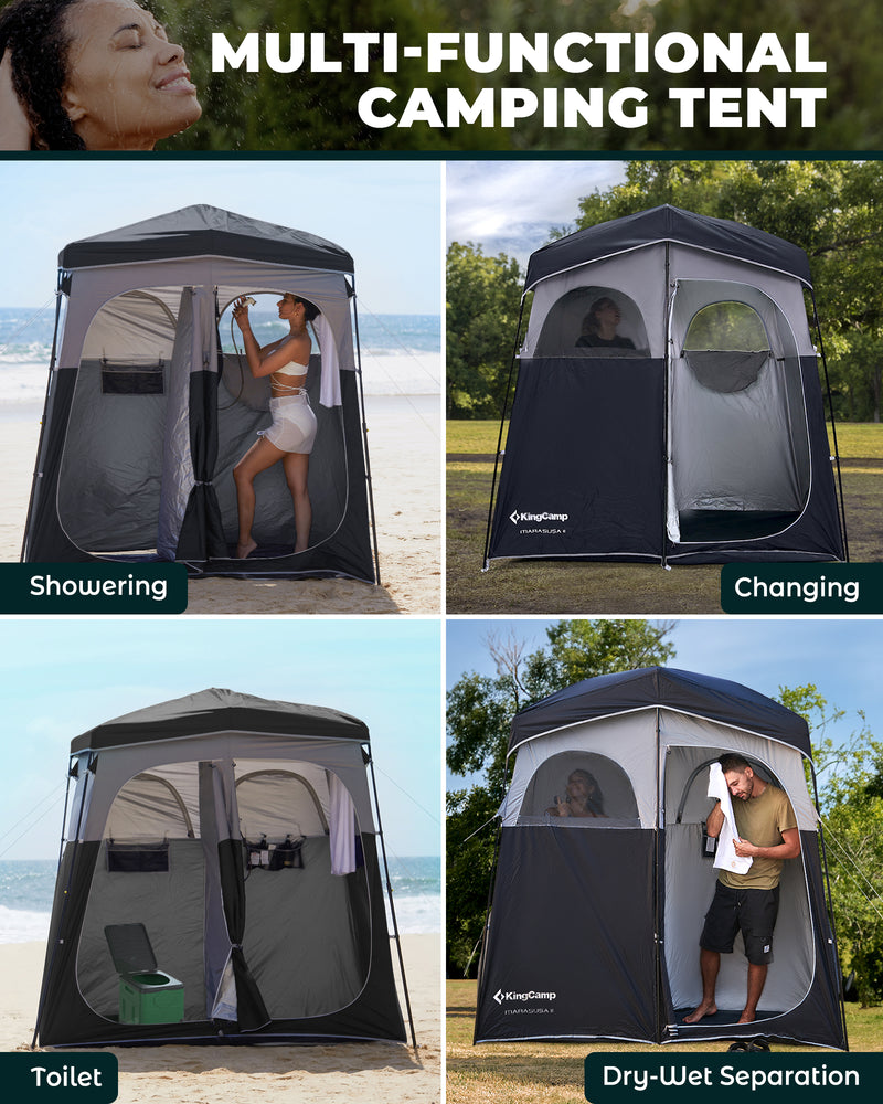 Load image into Gallery viewer, KingCamp Double Privacy Shelter | 2-Room Pop-Up Shower Tent with UPF50+ Sun Protection, XL 7x7ft Interior for Camping Shower, Toilet & Changing Room Black