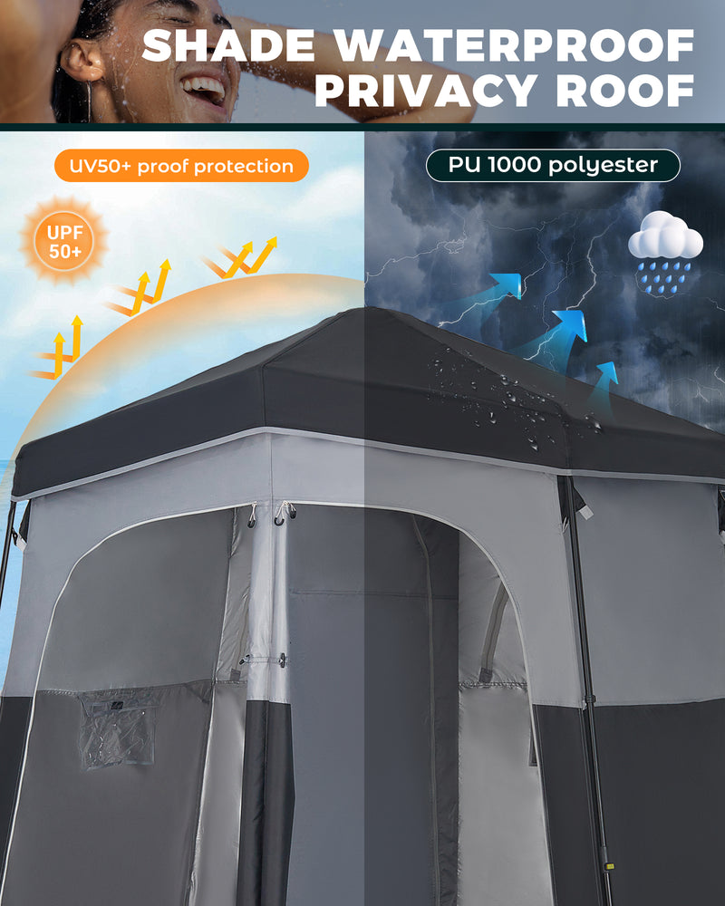 Load image into Gallery viewer, KingCamp Double Privacy Shelter | 2-Room Pop-Up Shower Tent with UPF50+ Sun Protection, XL 7x7ft Interior for Camping Shower, Toilet & Changing Room Black