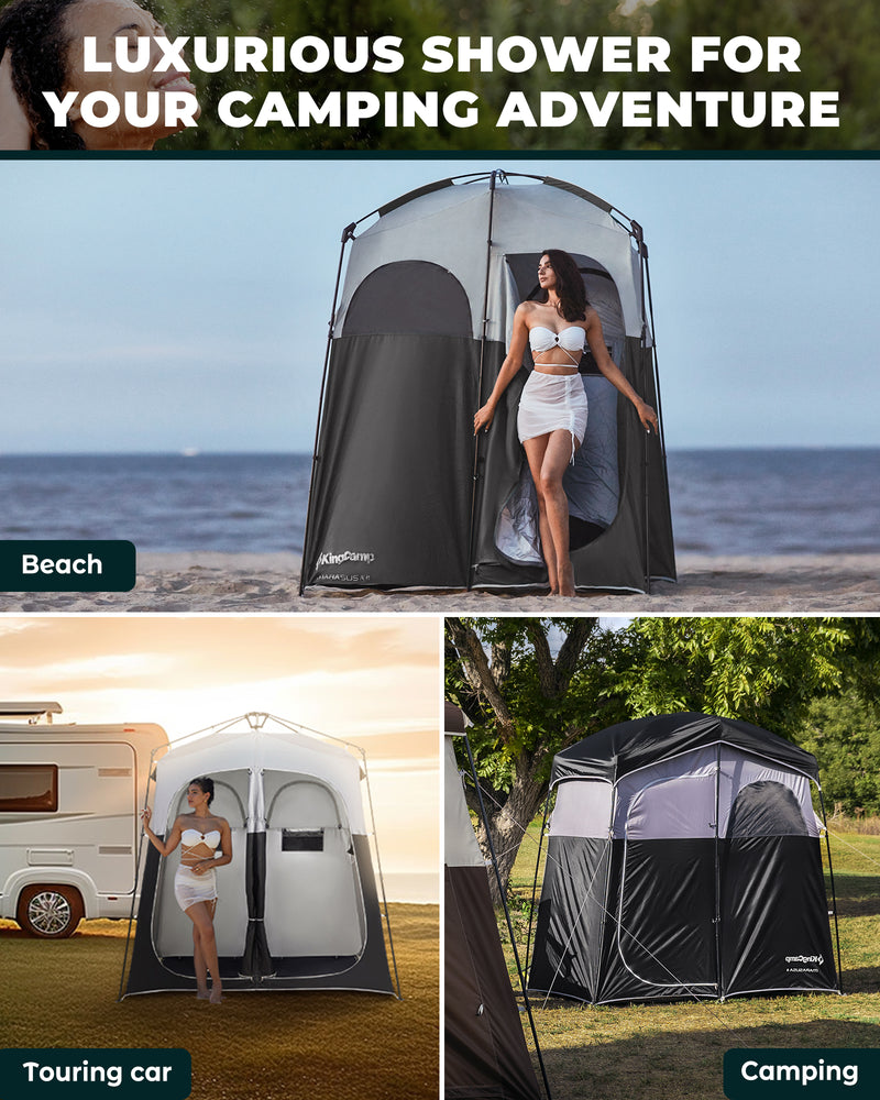 Load image into Gallery viewer, KingCamp Double Privacy Shelter | 2-Room Pop-Up Shower Tent with UPF50+ Sun Protection, XL 7x7ft Interior for Camping Shower, Toilet & Changing Room Black