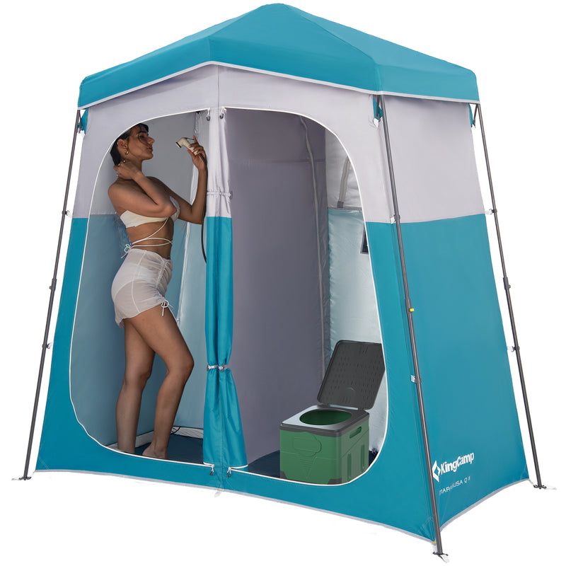 Load image into Gallery viewer, KingCamp Double Privacy Shelter | 2-Room Pop-Up Shower Tent with UPF50+ Sun Protection, XL 7x7ft Interior for Camping Shower, Toilet & Changing Room Cyan