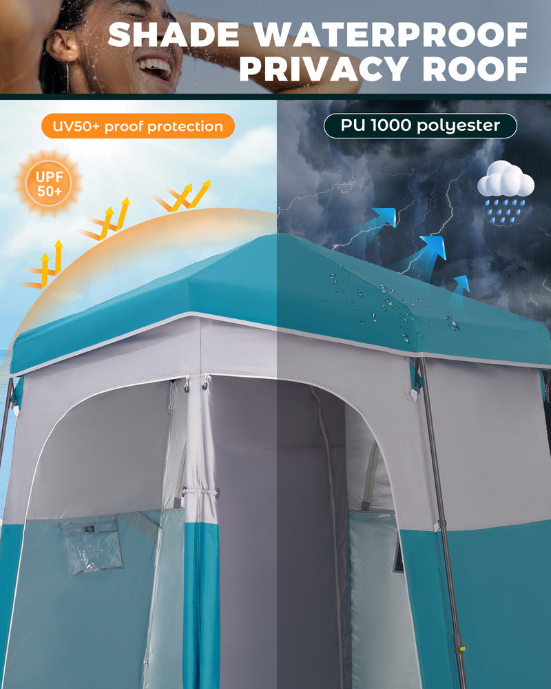 Load image into Gallery viewer, KingCamp Double Privacy Shelter | 2-Room Pop-Up Shower Tent with UPF50+ Sun Protection, XL 7x7ft Interior for Camping Shower, Toilet & Changing Room Cyan