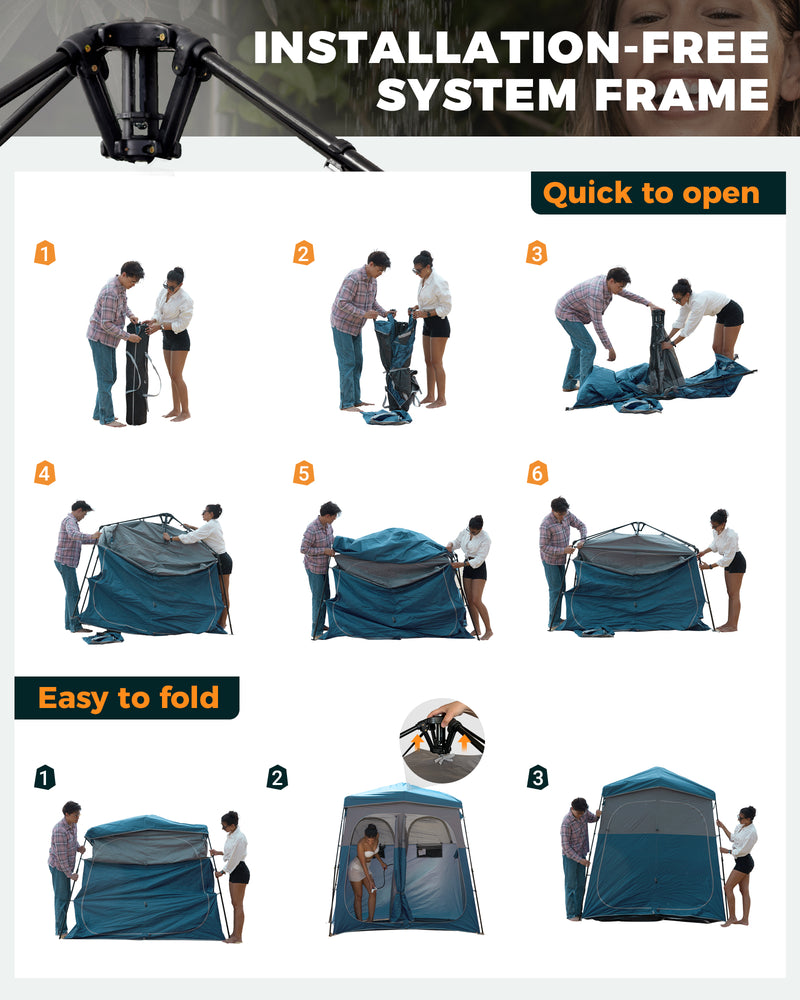 Load image into Gallery viewer, KingCamp Double Privacy Shelter | 2-Room Pop-Up Shower Tent with UPF50+ Sun Protection, XL 7x7ft Interior for Camping Shower, Toilet & Changing Room Cyan