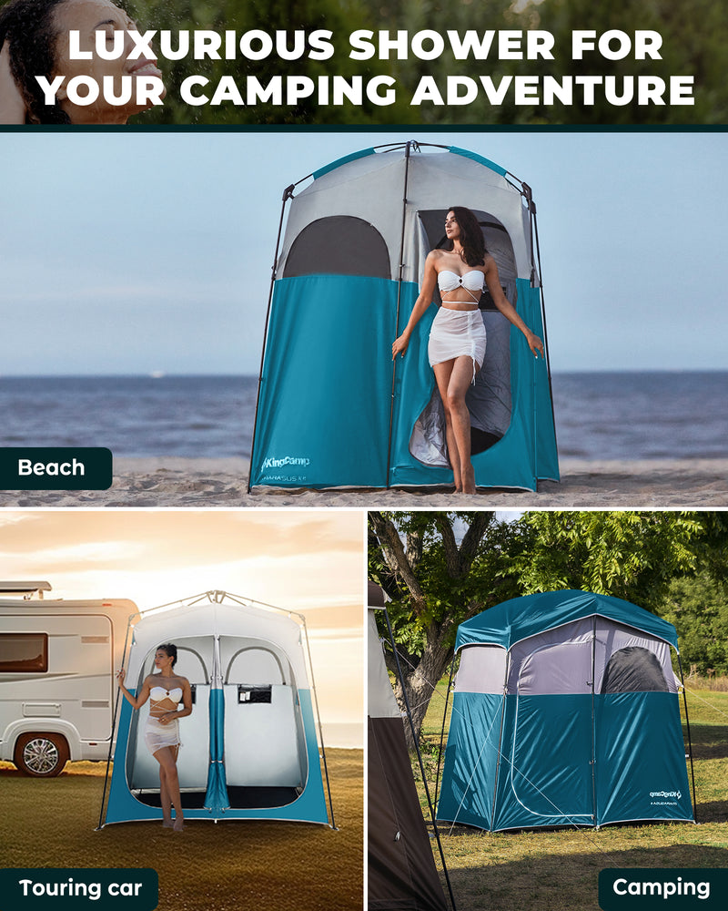 Load image into Gallery viewer, KingCamp Double Privacy Shelter | 2-Room Pop-Up Shower Tent with UPF50+ Sun Protection, XL 7x7ft Interior for Camping Shower, Toilet & Changing Room Cyan