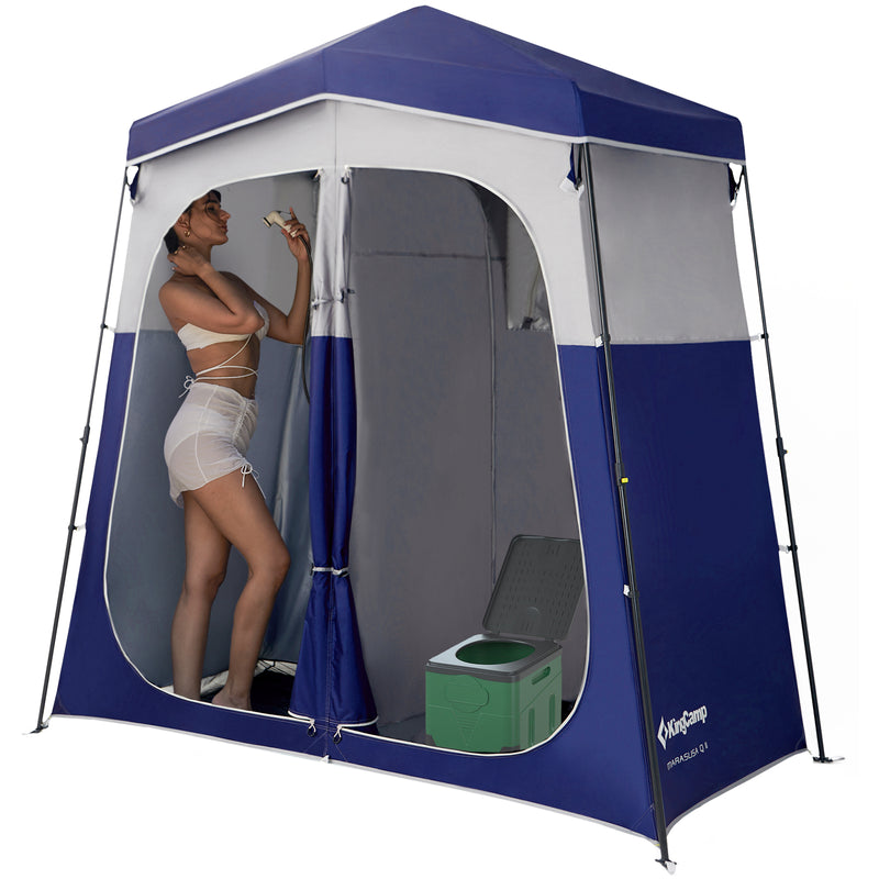 Load image into Gallery viewer, KingCamp Double Privacy Shelter | 2-Room Pop-Up Shower Tent with UPF50+ Sun Protection, XL 7x7ft Interior for Camping Shower, Toilet & Changing Room Navy