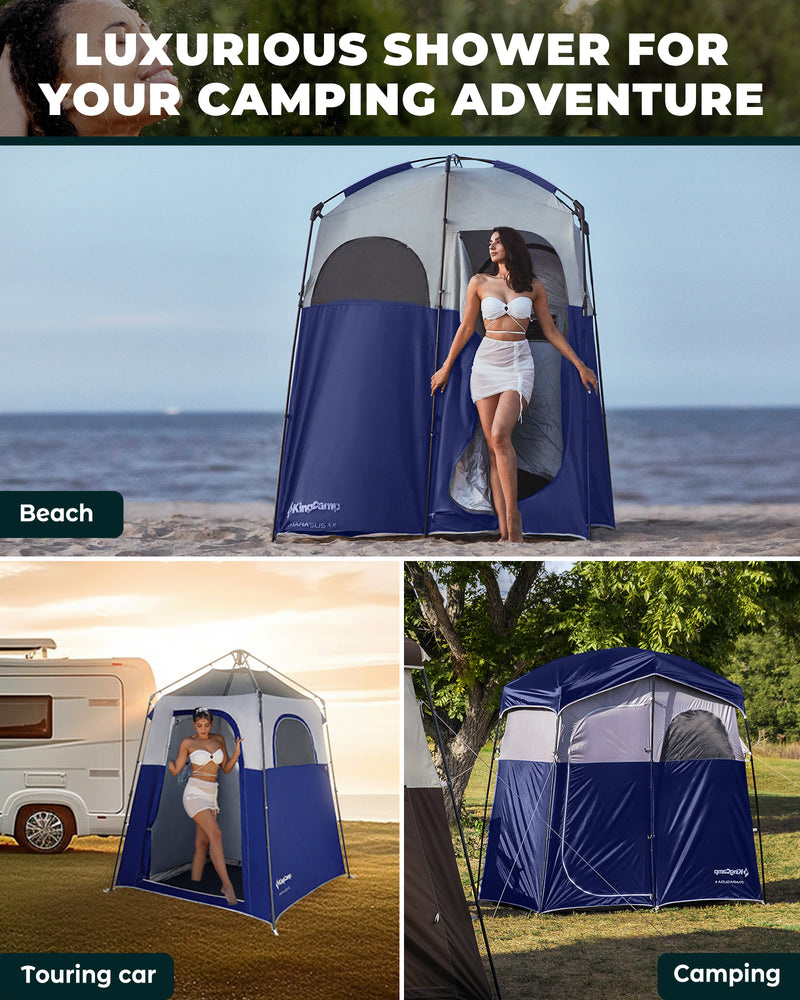 Load image into Gallery viewer, KingCamp Double Privacy Shelter | 2-Room Pop-Up Shower Tent with UPF50+ Sun Protection, XL 7x7ft Interior for Camping Shower, Toilet & Changing Room Navy