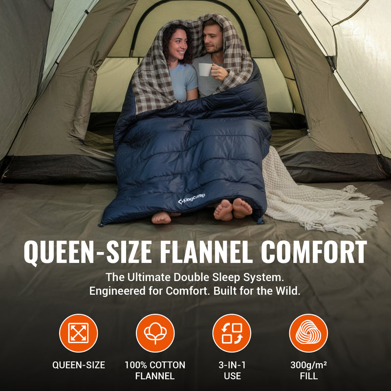 Load image into Gallery viewer, KingCamp Queen-Size 2-Person Flannel Sleeping Bag with 2 Pillows, 3-in-1 Use Sleep Together or Separately