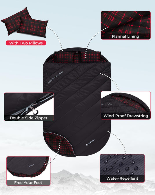 KingCamp FREESPACE 250D Double-Sized Sleeping Bag with two pillows