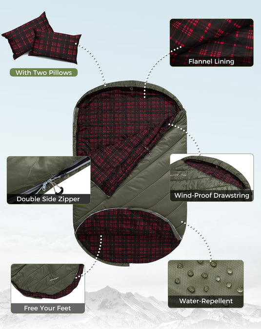 KingCamp FREESPACE 250D Double-Sized Sleeping Bag with Flannel Lining