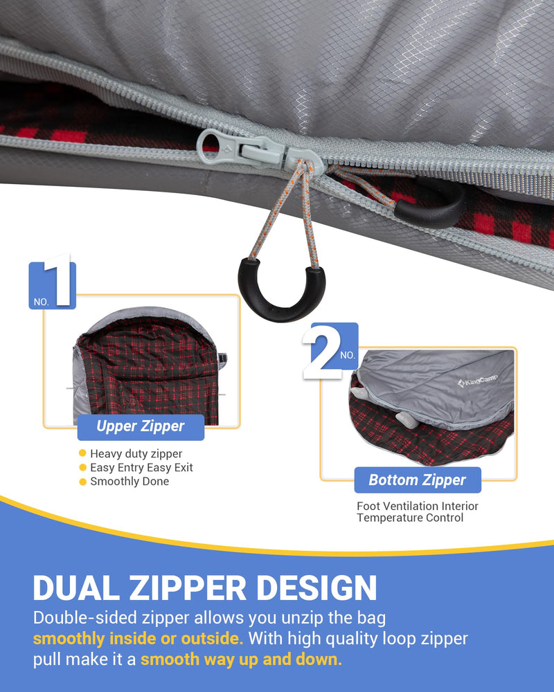 Load image into Gallery viewer, KingCamp FREESPACE 250 3-Season Plus Size Flannel Sleeping Bag with Dual Zipper Design