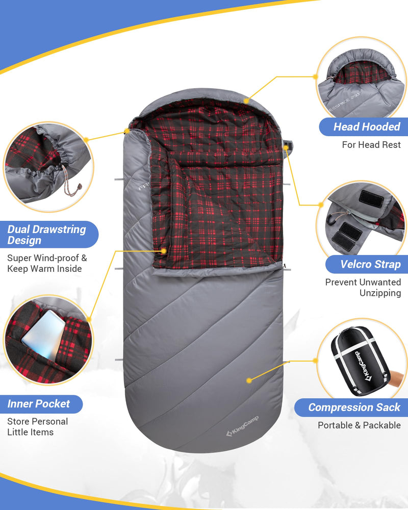 Load image into Gallery viewer, KingCamp FREESPACE 250 3-Season Plus Size Flannel Sleeping Bag with Head Hooded