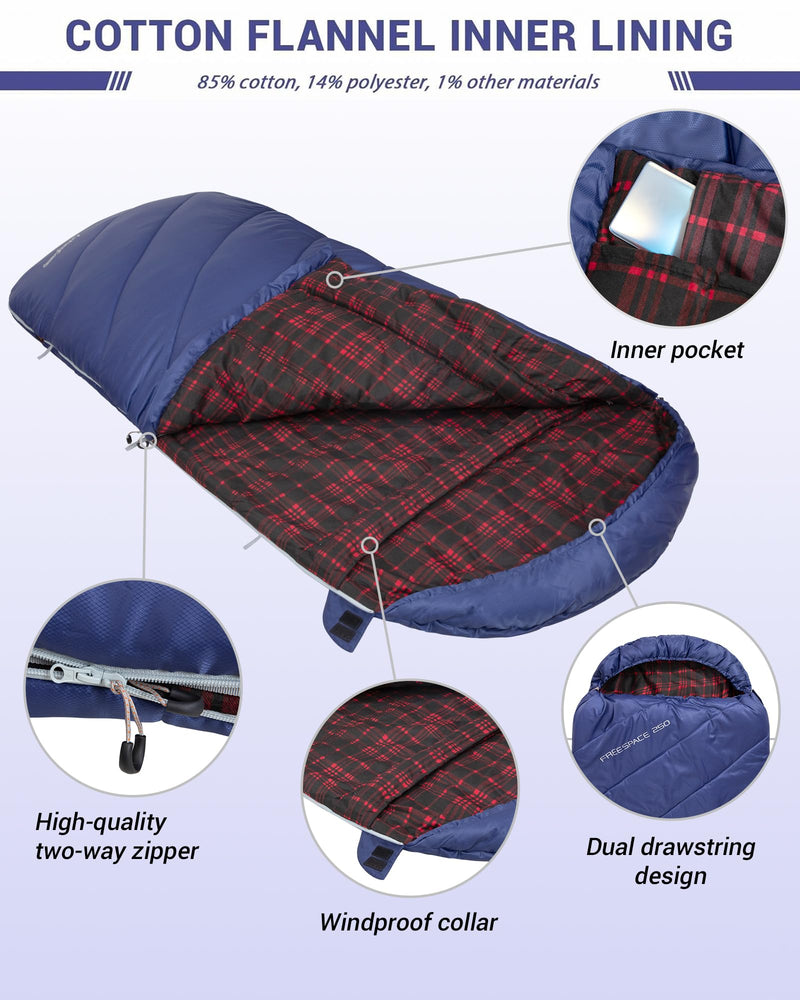 Load image into Gallery viewer, KingCamp FREESPACE 250 3-Season Plus Size Flannel Sleeping Bag With Windproof Collar