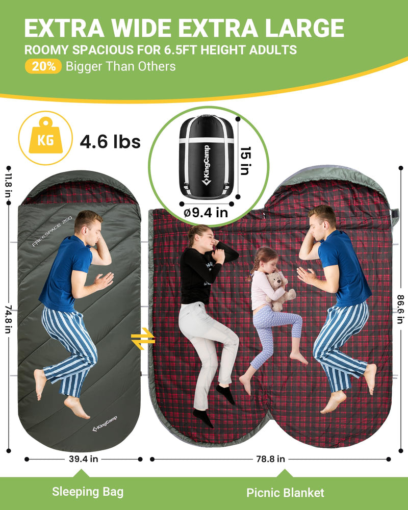 Load image into Gallery viewer, KingCamp FREESPACE 250 3-Season Plus Size Flannel Sleeping Bag Extra Large and Wide
