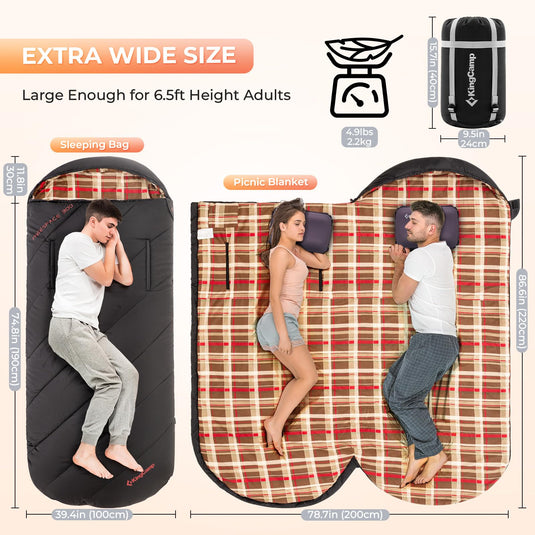 KingCamp FREESPACE 300 Wearable Sleeping Bag – Waterproof, Extra Wide Flannel Camping Sleeping Bag