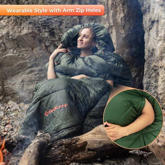 KingCamp FREESPACE 300 Wearable Sleeping Bag – Waterproof, Extra Wide Flannel Camping Sleeping Bag