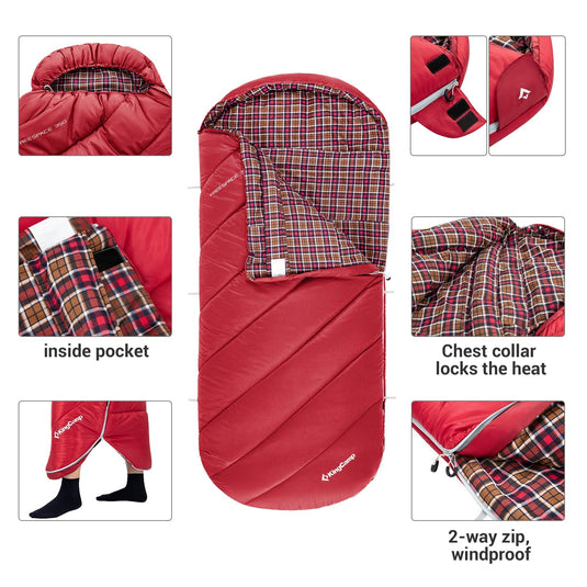 KingCamp FREESPACE 350 Flannel Sleeping Bag-Envelope With Hood Extra Large