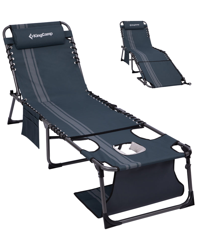 Load image into Gallery viewer, KingCamp Folding Lounge Chair with Face Hole | 7-Position Adjustable Sun Lounger, 400lb Capacity Tri-Fold Beach Chair with Detachable Side Pocket & Pillow for Outdoor Patio Pool Blue