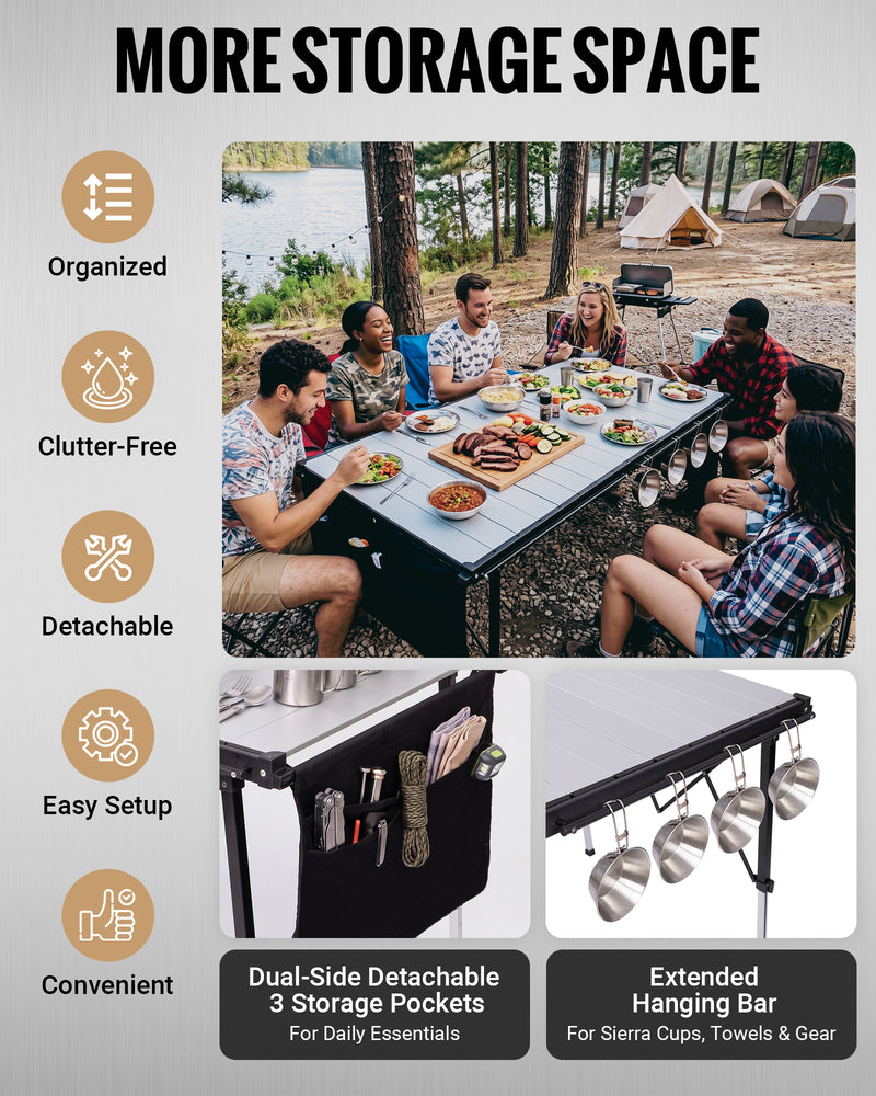 Load image into Gallery viewer, KingCamp GRANITE C14070 Folding Camping Table, 55" Roll-Top Table for 6-8, Adjustable Height, 265 lbs Capacity & Side Storage