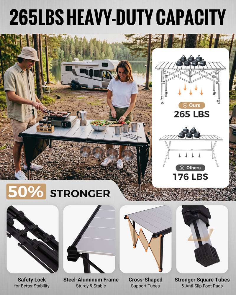 Load image into Gallery viewer, KingCamp GRANITE C14070 Folding Camping Table, 55" Roll-Top Table for 6-8, Adjustable Height, 265 lbs Capacity & Side Storage