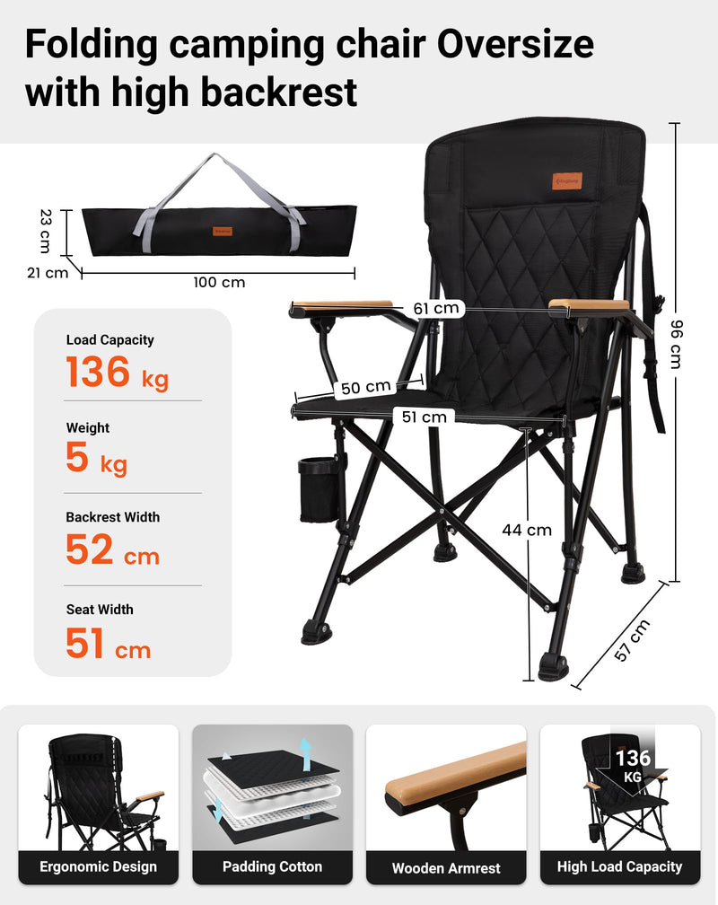 Load image into Gallery viewer, KingCamp GUAVA C00 Padded Folding Camping Chair, High Back Outdoor Armchair with Beech Wood Armrests, Cup Holder, Adjustable Feet & Carry Bag, 300 lbs Capacity