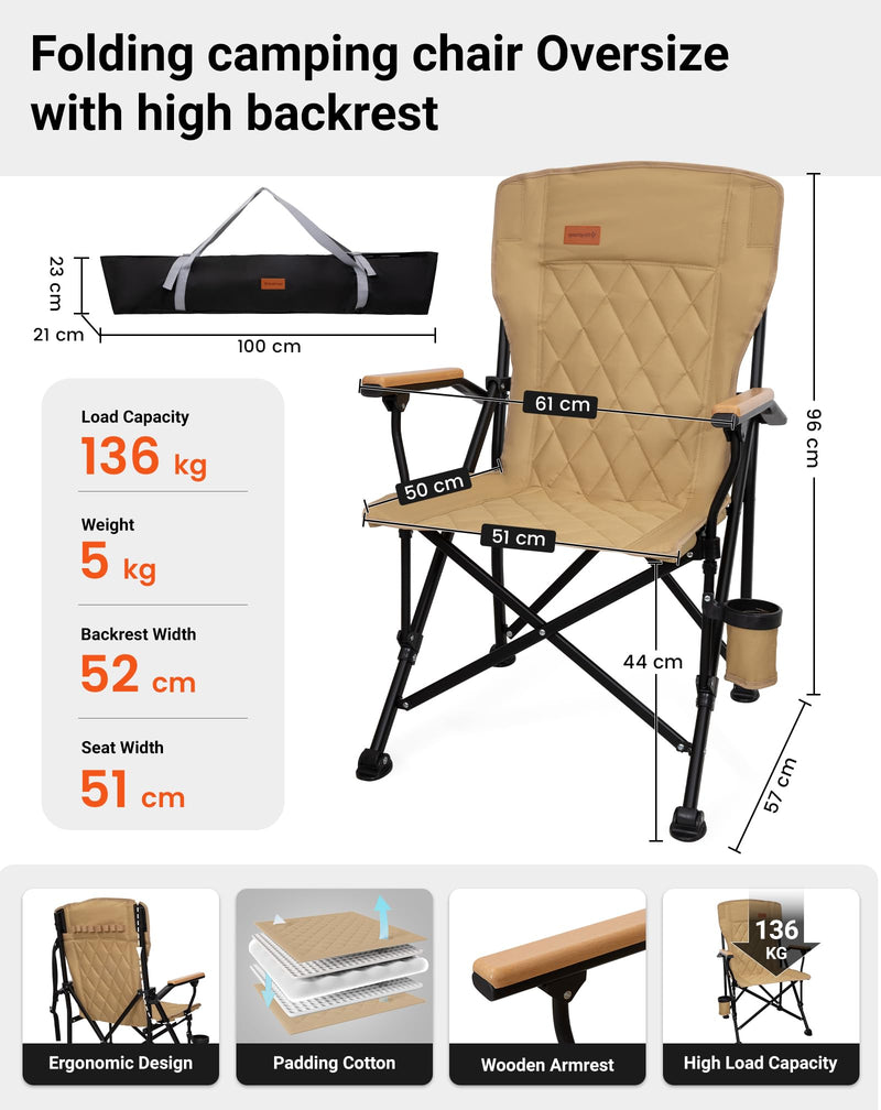 Load image into Gallery viewer, KingCamp GUAVA C00 Padded Folding Camping Chair, High Back Outdoor Armchair with Beech Wood Armrests, Cup Holder, Adjustable Feet & Carry Bag, 300 lbs Capacity