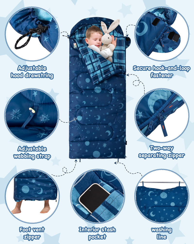 Load image into Gallery viewer, KingCamp Galaxy Zoo C 300 Kids Sleeping Bag – Adjustable Length (61-145cm), Cotton Flannel Lined, 3-Season Warmth for Camping