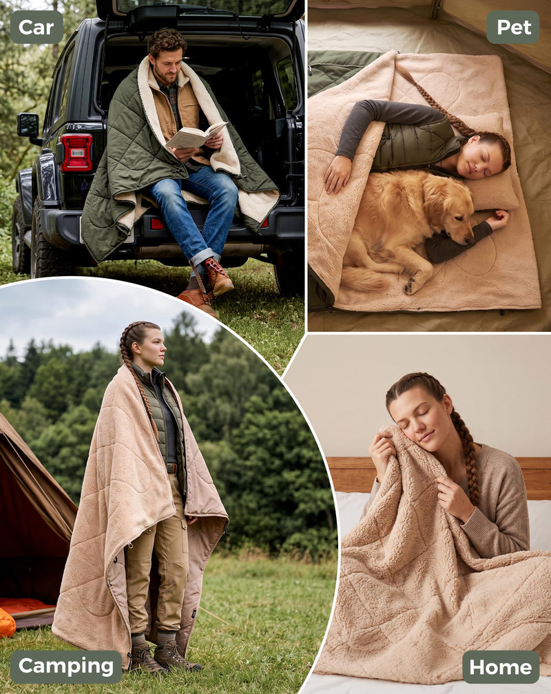 Load image into Gallery viewer, KingCamp HAZE 50 4-in-1 Camping Blanket, Sherpa Fleece Wearable Blanket, Zip-Up Sleeping Bag & Travel Pillow