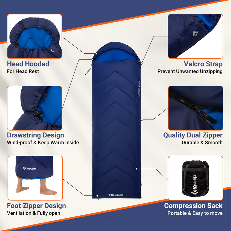 Load image into Gallery viewer, KingCamp HURON 250 Sleeping Bag | 3-Season Envelope Bag with Hood, Soft Polyester Lining, Compact Compression Sack for Adults Camping & Backpacking