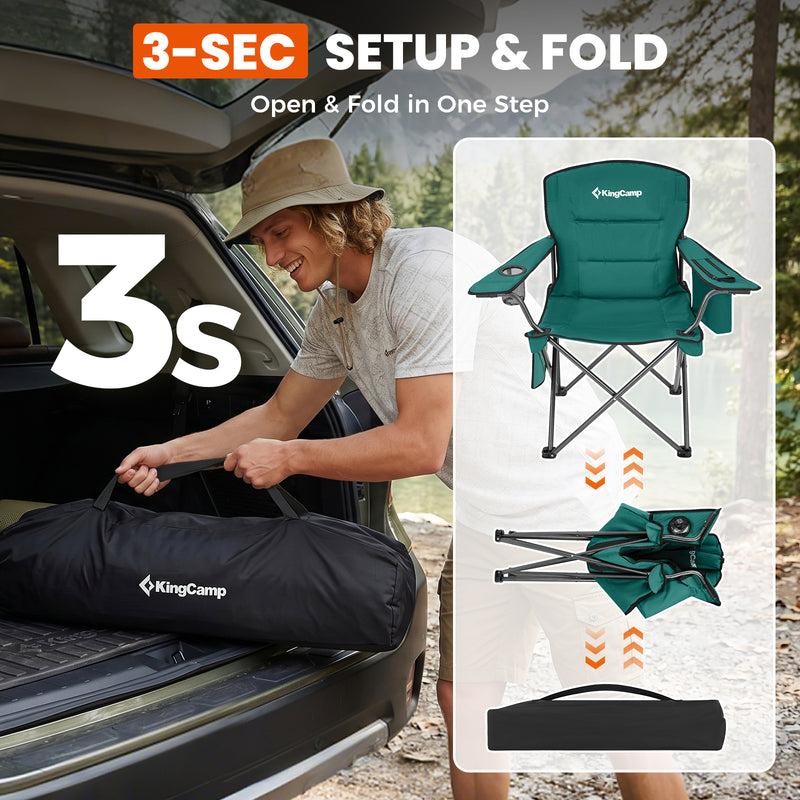 Load image into Gallery viewer, KingCamp JUNIPER PLUS Padded Outdoor Folding Armchair | Quilted Camp Chair with Built-in Cooler Pouch, Cup Holder & Side Pocket, 440lb Capacity, Ergonomic High-Back for Camping, Tailgating & Lawn Green