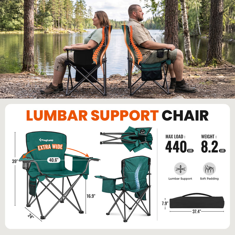 Load image into Gallery viewer, KingCamp JUNIPER PLUS Padded Outdoor Folding Armchair | Quilted Camp Chair with Built-in Cooler Pouch, Cup Holder & Side Pocket, 440lb Capacity, Ergonomic High-Back for Camping, Tailgating & Lawn Green