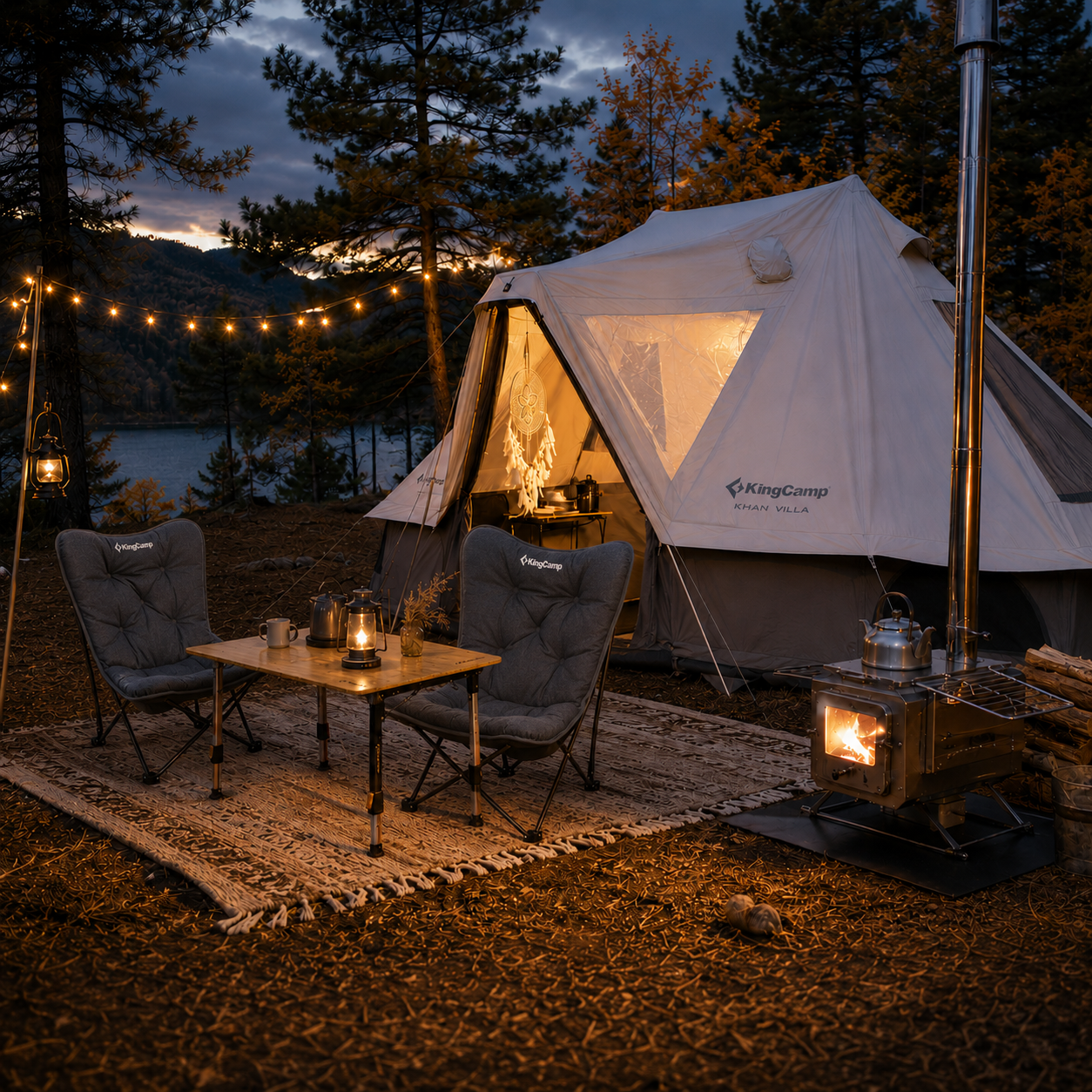 KingCamp KHAN VILLA 15FT TC Canvas Glamping Tent, 4-6 Person 4-Season Cabin Tent with Stove Jack, 2 Bedrooms + Living Room
