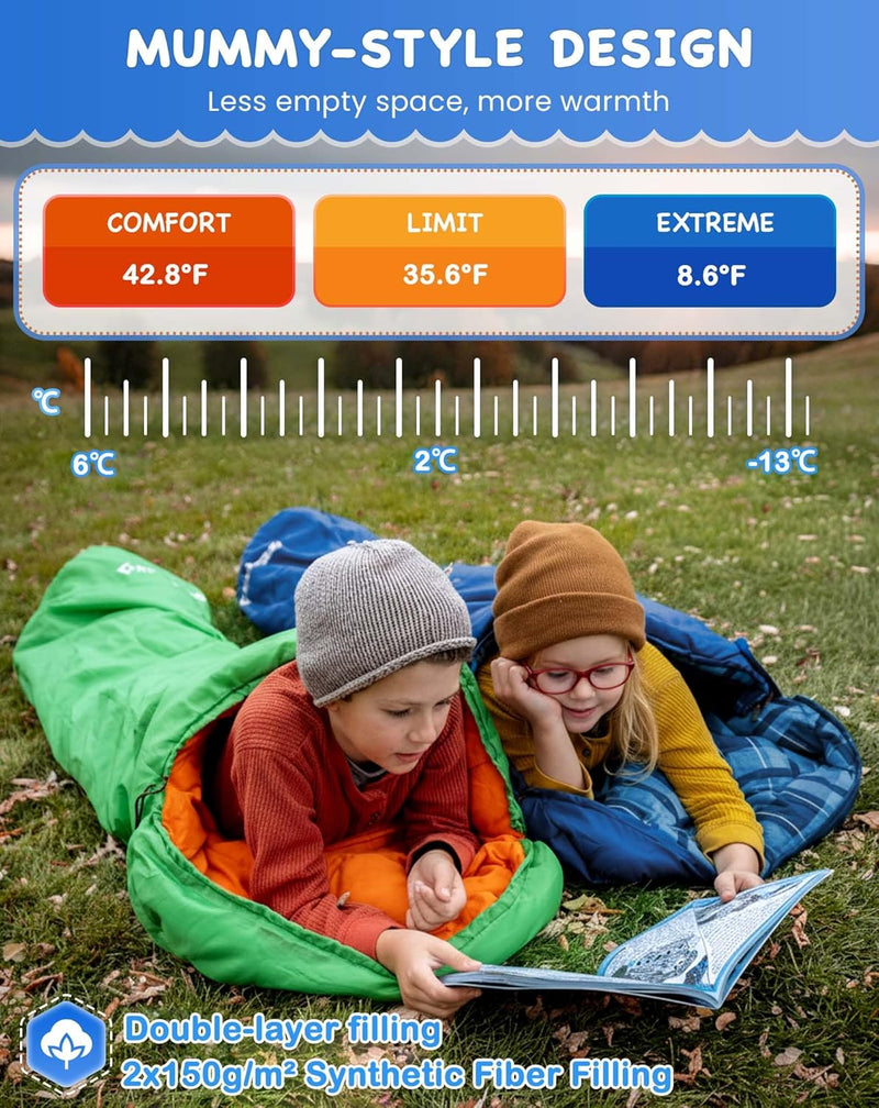 Load image into Gallery viewer, KingCamp Kids Mummy Sleeping Bag - 3-Season Warm & Snug Fit for Camping, Ages 8-12 (up to 4'7" Tall)