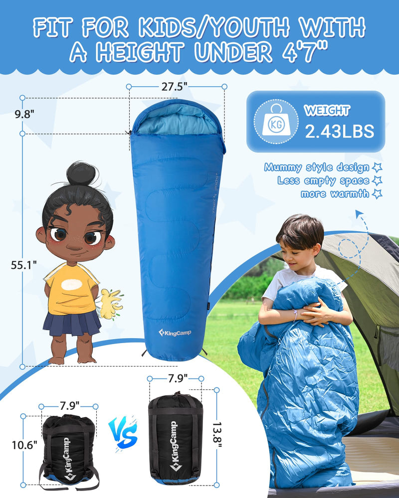Load image into Gallery viewer, KingCamp Kids Mummy Sleeping Bag - 3-Season Warm & Snug Fit for Camping, Ages 8-12 (up to 4'7" Tall)