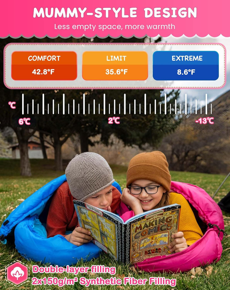 Load image into Gallery viewer, KingCamp Kids Mummy Sleeping Bag - 3-Season Warm & Snug Fit for Camping, Ages 8-12 (up to 4'7" Tall) Blue