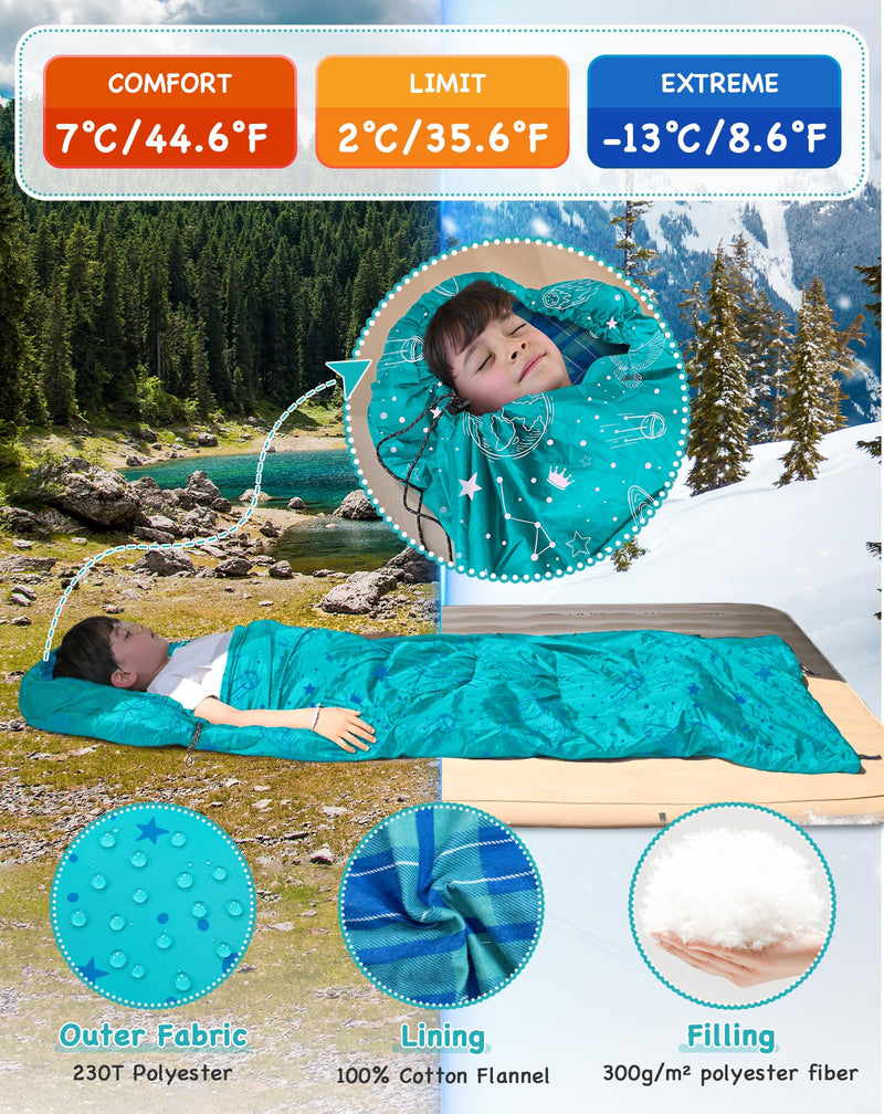 Laden Sie das Bild in Galerie -Viewer, KingCamp Kids Sleeping Bag Children 3-4 Season Winter Flannel Liner Cotton Warm Lightweight Single for Camping Hiking Backpacking Outdoor with Compression Sack for Girls Boys