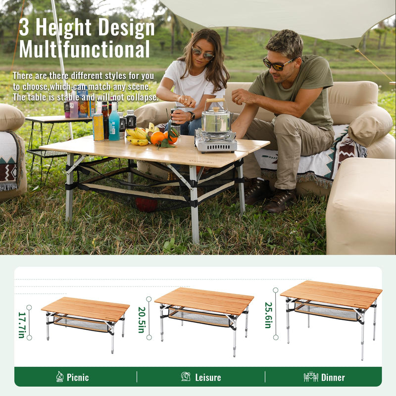 Load image into Gallery viewer, KingCamp Large 4-Folding Bamboo Table with Mesh Storage, Portable Camping Table for 4-5 Person