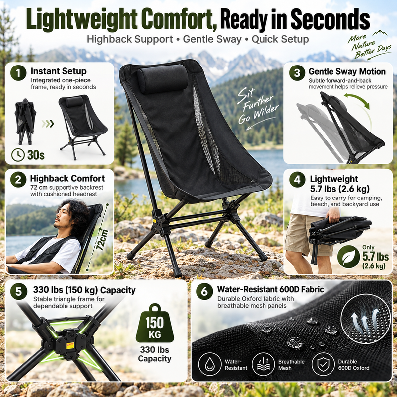 Load image into Gallery viewer, KingCamp Lightweight High Back Camping Chair with Gentle Sway and 330lbs Capacity