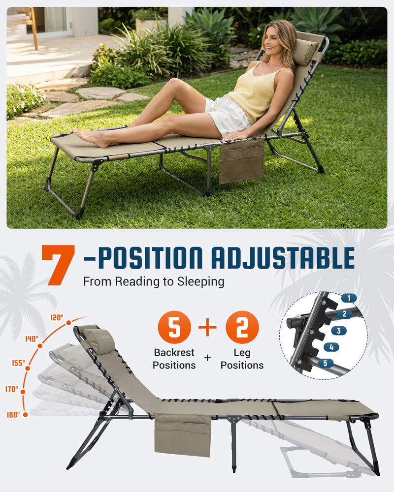 Load image into Gallery viewer, KingCamp MAGNOLIA B20 Folding Lounge Chair with Face Hole | 7-Position Adjustable Sun Lounger, 400lb Capacity Tri-Fold Beach Chair Beige