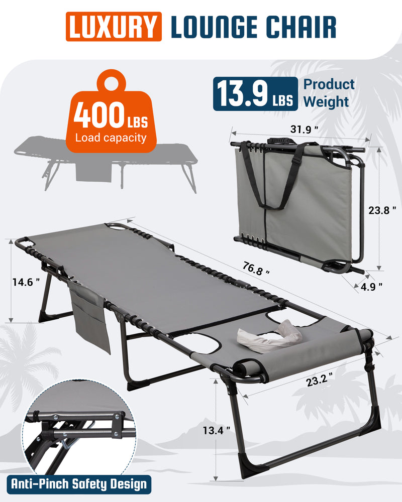 Load image into Gallery viewer, KingCamp Luxu Folding Lounge Chair with Face Hole | 7-Position Adjustable Sun Lounger, 400lb Capacity Tri-Fold Beach Chair with Detachable Side Pocket & Pillow for Outdoor Patio Pooly