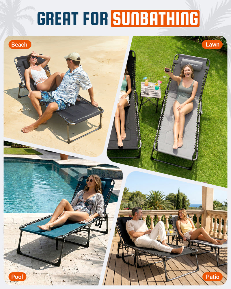 Load image into Gallery viewer, KingCamp MAGNOLIA B40 Oversized Padded Lounge Chair | Extra-Wide & Long 7-Position Folding Sun Lounger with High-Density PU Foam, 440lb Capacity for Sunbathing