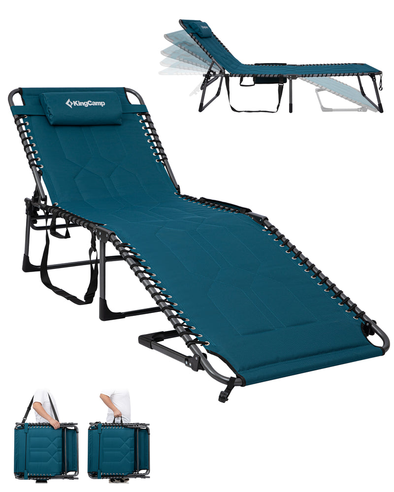 Load image into Gallery viewer, KingCamp MAGNOLIA B40 Oversized Padded Lounge Chair | Extra-Wide & Long 7-Position Folding Sun Lounger with High-Density PU Foam, 440lb Capacity for Beach, Pool & Patio Blue