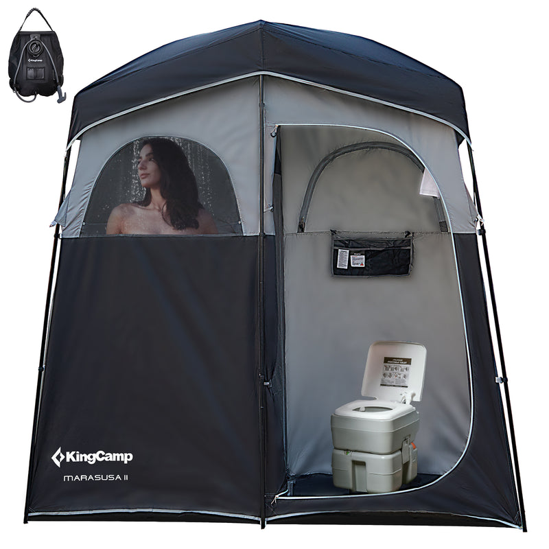 Load image into Gallery viewer, KingCamp MARASUSA II Double Privacy Shelter with 20L Solar Shower Bag | 2-Room Camping Shower Tent, UPF50+ Sun Protection, Portable Outdoor Shower Kit for Camping, Beach & Festivals