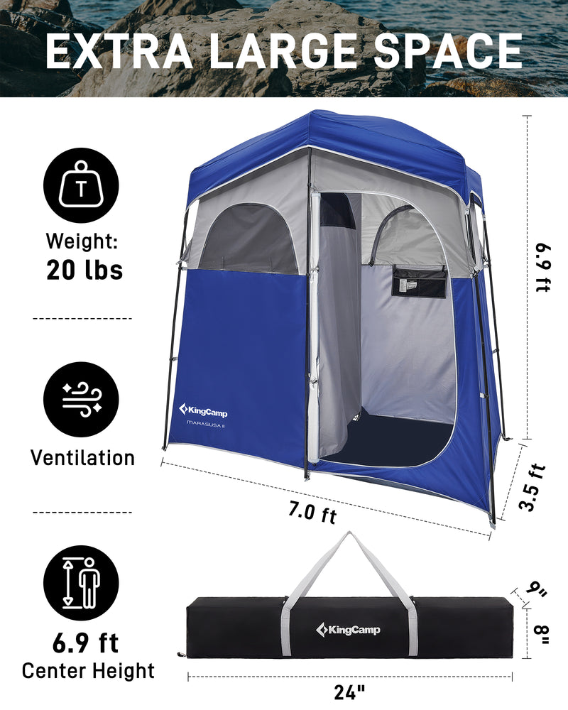 Load image into Gallery viewer, KingCamp MARASUSA II Double Privacy Shelter with 20L Solar Shower Bag | 2-Room Camping Shower Tent, UPF50+ Sun Protection, Portable Outdoor Shower Kit for Camping, Beach & Festivals