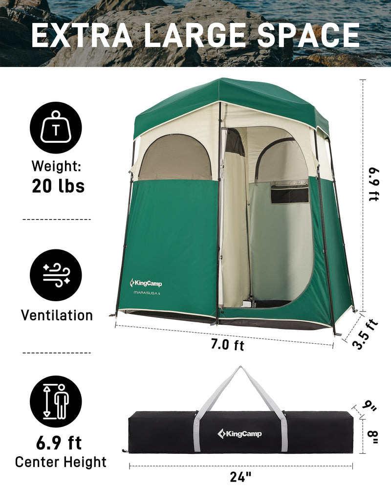 Load image into Gallery viewer, KingCamp MARASUSA II Double Privacy Shelter with 20L Solar Shower Bag | 2-Room Camping Shower Tent, UPF50+ Sun Protection, Portable Outdoor Shower Kit for Camping, Beach & Festivals