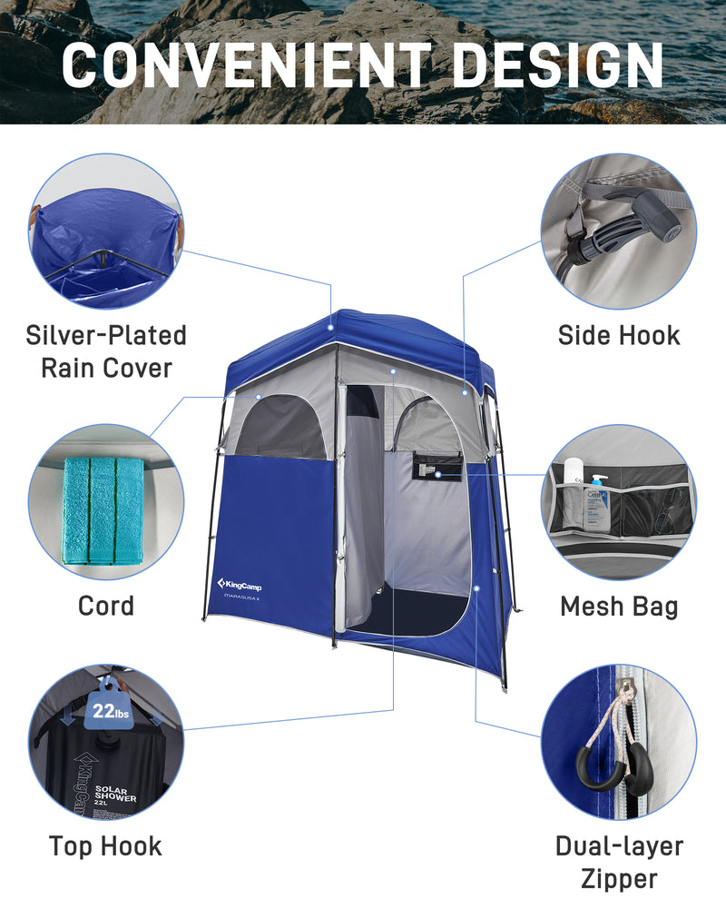 Load image into Gallery viewer, KingCamp MARASUSA II Double Privacy Shelter with 20L Solar Shower Bag | 2-Room Camping Shower Tent, UPF50+ Sun Protection, Portable Outdoor Shower Kit for Camping, Beach & Festivals
