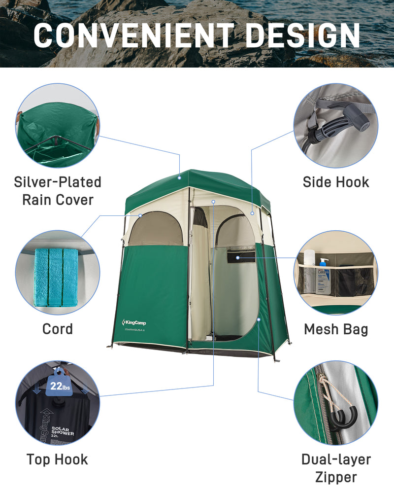 Load image into Gallery viewer, KingCamp MARASUSA II Double Privacy Shelter with 20L Solar Shower Bag | 2-Room Camping Shower Tent, UPF50+ Sun Protection, Portable Outdoor Shower Kit for Camping, Beach & Festivals